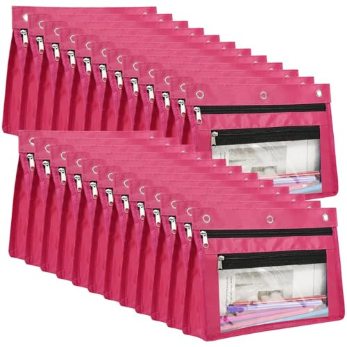 YoeeJob 24 Pack Pencil Pouch for 3 Ring Binder, Expandable Binder Pouches with Zipper, Large Capacity Pen Holder Case with Clear Window School Class