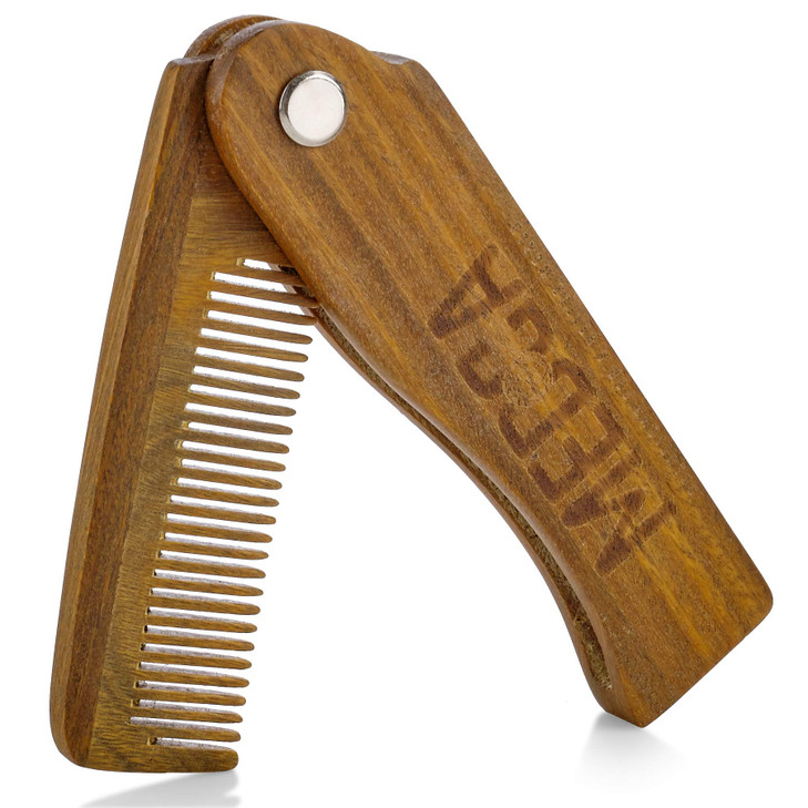 Folding Wooden Comb - 100% Solid Beech Wood - Fine Tooth Pocket Sized Beard, Mustache, Head Hair Brush Combs for Men With Any Hair Types - Travel, St