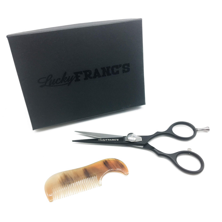 Lucky Franc's Beard Grooming Kit with Japanese Beard Scissors & Ox Horn Handmade Mini Beard Combs for Men. Mustache Trimming Kit with Mustache Hair S