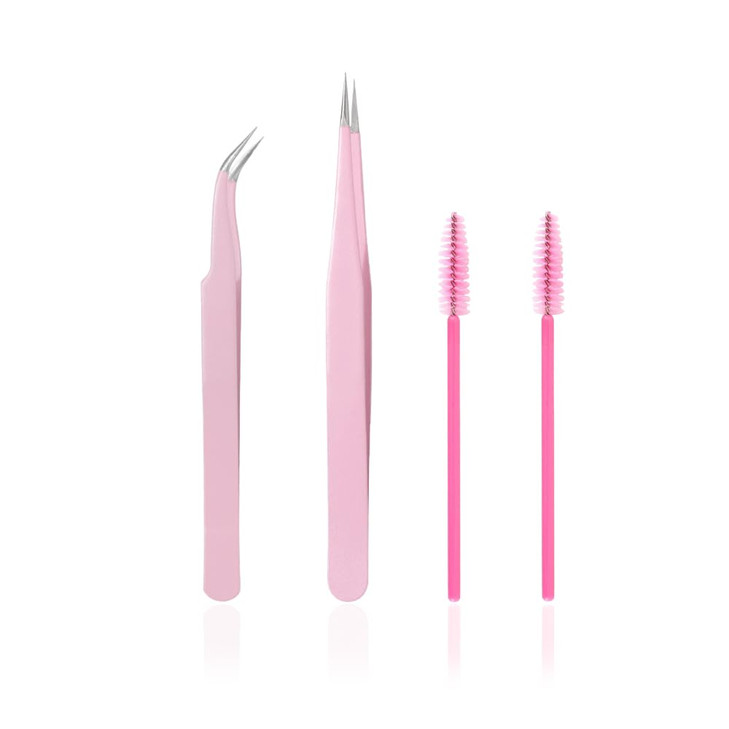 KLDKUST Stainless Steel Eyelash Extension Tweezers Straight and Curved Tip Eyelash Tweezers for Eyelash Extension Applications with Eyelash Brush (4P
