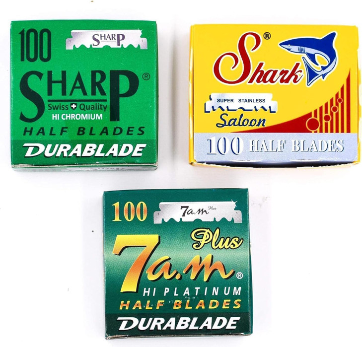 Straight Edge Barber Razor/Shavette Razor Blade Variety Pack - 300 Blades - 100 Each of Shark, Sharp & 7 a.m. Half Blades for Shavette and Professsio