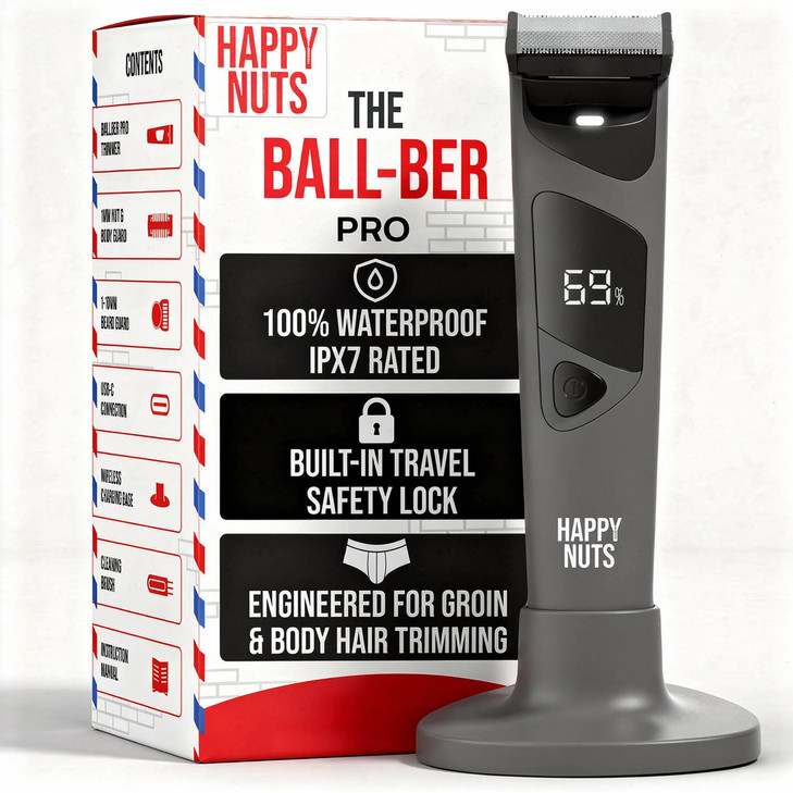 HAPPY NUTS The Ballber Pro Electric Groin & Body Hair Trimmer for Men - Mens Body Groomer Kit for Privates - Waterproof Shaver for Hard to Reach Area