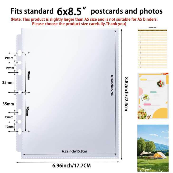 6x8.5 Binder Sheets Sleeves for 8.07 x 9.64 Binder 6Ring 3Ring 2 Ring (100 Pictures), Top Loading 7 Hole Transparent Refill Pages Sheet Protector fo
