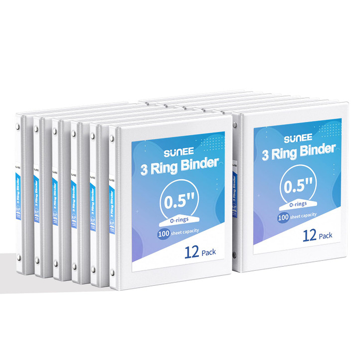 SUNEE 1/2 Inch Binders 3 Ring 12 Pack Bulk, 3 Ring Binders Clear View PVC-Free (Fit 8.5x11 Inches) for School or Office Supplies, White