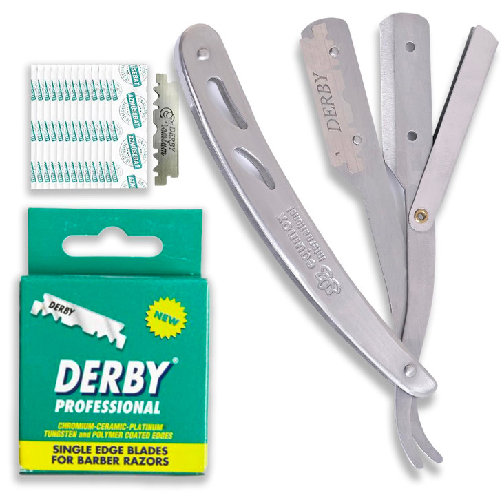 Equinox Professional Straight Edge Razor with 100 Single Derby Blades 100% Stainless Steel Razor and Blades - Close Shaving Men's Manual Shaver - Dis