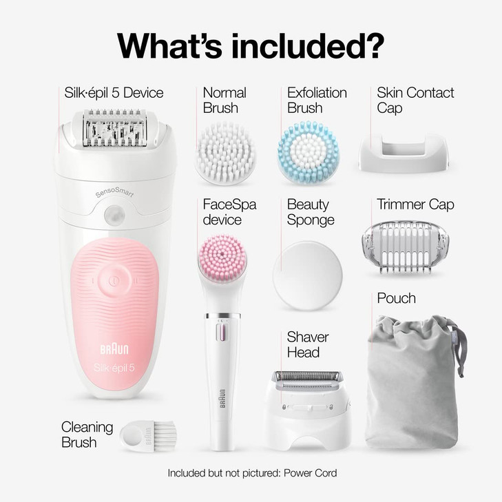 Braun SE5-895 Epilator, Hair Removal Device, Epilator for Women, Includes Shaver and Facial Cleansing Exfoliator Brush Attachments, Waterproof, Cordl