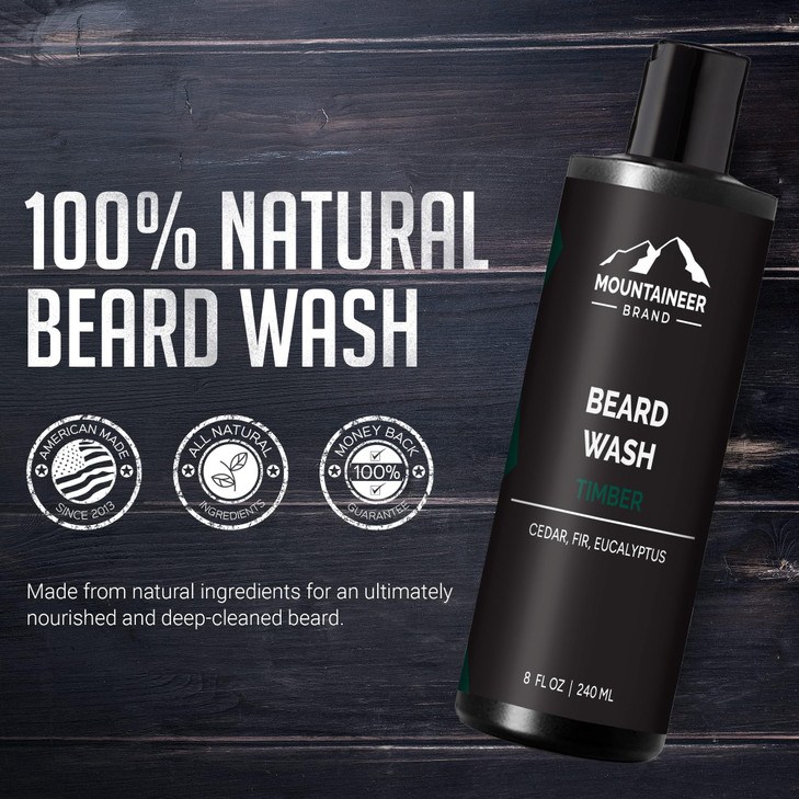 Mountaineer Brand Beard Wash For Men | 100% Natural Beard Shampoo | Thick Cleaning Softening Lather for Hair and Skin | Hydrate and Detangle | Groomi