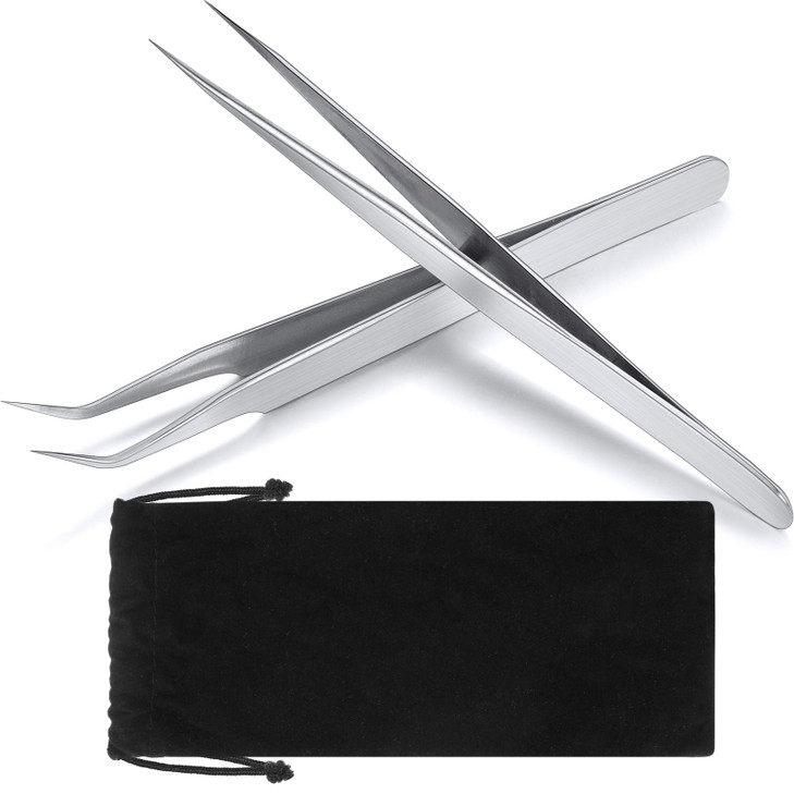 2 Pieces Straight and Curved Tip Tweezers Eyelash Extension Tweezers, Stainless Steel False Lash Application Tools (Silver)