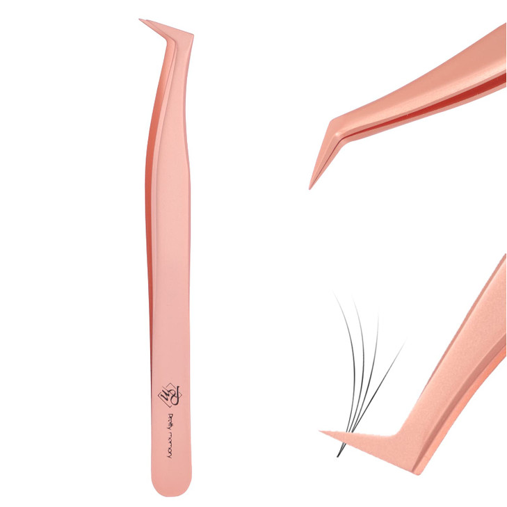 Pretty memory Volume Lash Tweezers,Stainless Steel Eyelash Extension Tweezers, Professional Precision Mega Curved Angled Tweezer, Rose Gold