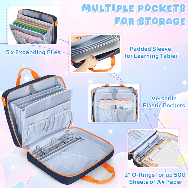 Yarwo Zipper Binder Bag for Boys and Girls, 3 Ring Binder Holds 500 Sheets, Accordion File Organizer with 5 Expanding File Folder Fit for 13 Laptop,