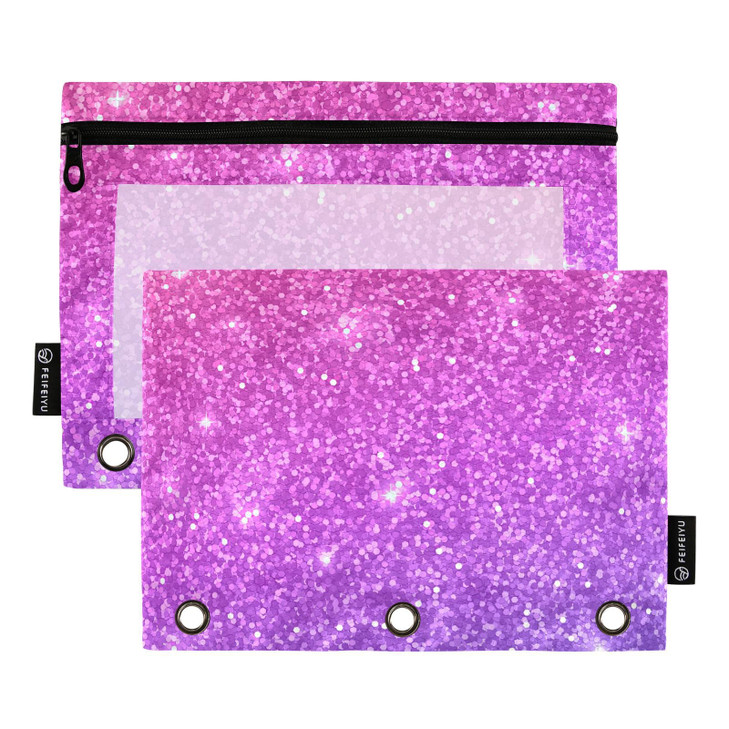 Purple Pink Glitter Print Binder Pencil Pouch for 3 Ring Pencil Pouch with Zipper Clear Window Pencil Case Pencil Pouches Bags for Office Daily Suppl