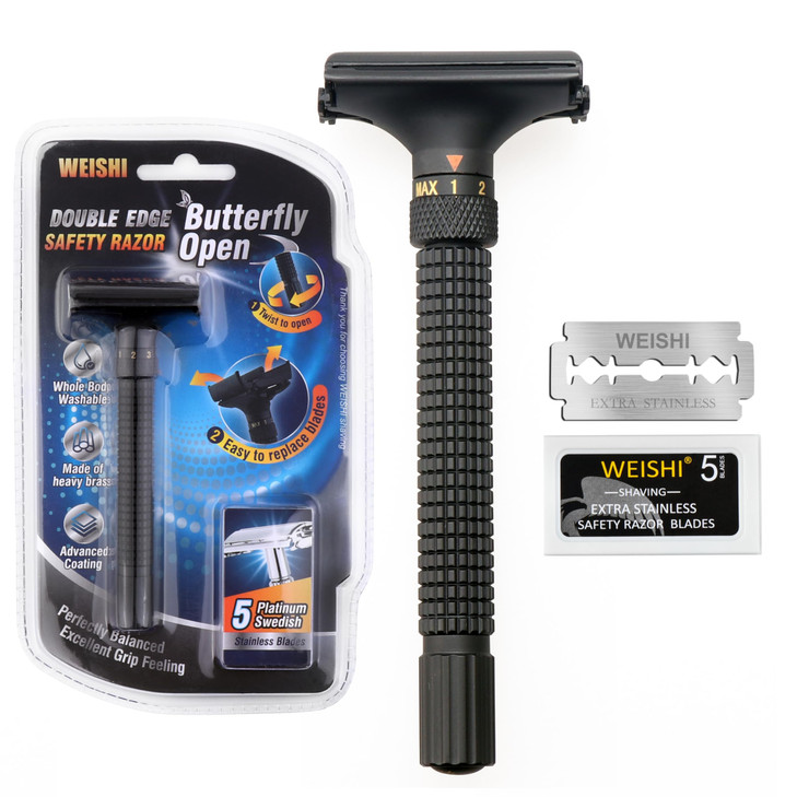 WEISHI Butterfly Open Double Edge Safety Razor Nostalgic Adjustable Matte Black