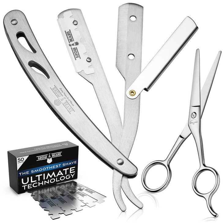Straight Razor, Complete Straight Razors for Men Kit with 50 Single Blade Razors for Men and Scissors, Barber Supplies, Straight Edge Razor, Professi