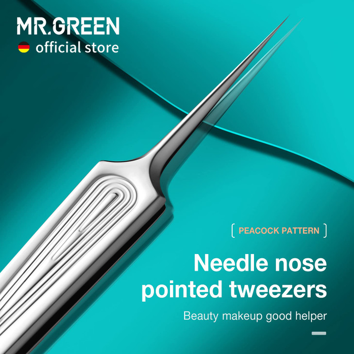 MR.GREEN Ingrown Hair Tweezers Needle Nose Pointed Tips Tweezers For Eyebrows Splinters Blackhead Removal Acne Clip Extractor (Long)