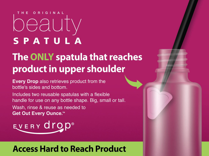 Every drop Beauty Spatula 8", only product with ADDITIONAL under bottle rim feature, 2 Spatulas (most trapped product under bottle's rim)