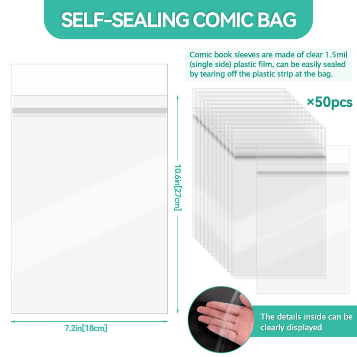 VOKOY 50 Pack Resealable Current Size Comic Book Bags, Crystal Clear Self Sealing Comic Sleeves Storage Protection for Regular Comics Magazine Storag
