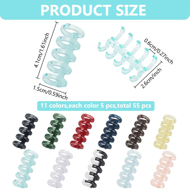 WEBEEDY 55 Pcs Loose Leaf Binders 11 Colors 5-Ring Plastic Snap Split Binder Rings Multicolored Crystal Binding Spines Combs for Scrapbook Photo Albu
