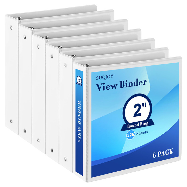 2 Inch 3-Ring Binder, 2" Round Ring Binder with 2 Inside Pockets, 6 Pack White Binders, Clear View Cover, Holds Up to 450 Sheets 8.5" x 11" Paper?Dur