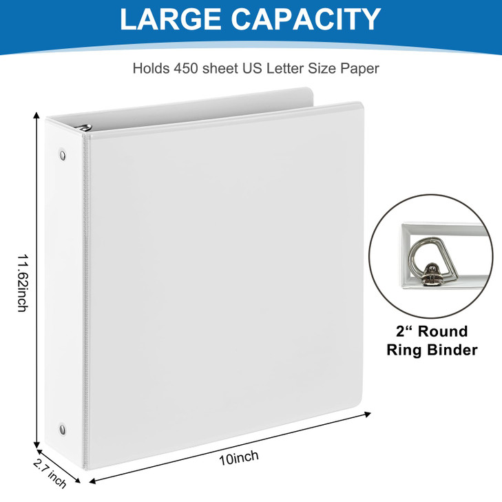 2 Inch 3-Ring Binder, 2" Round Ring Binder with 2 Inside Pockets, 6 Pack White Binders, Clear View Cover, Holds Up to 450 Sheets 8.5" x 11" Paper?Dur