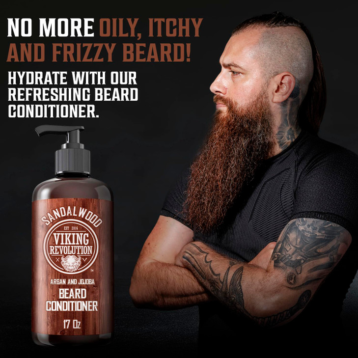 Viking Revolution Beard Conditioner w/Argan & Jojoba Oils - Softens & Strengthens - Sandalwood Scent - Beard Conditioner w/Beard Oil (17oz Conditione