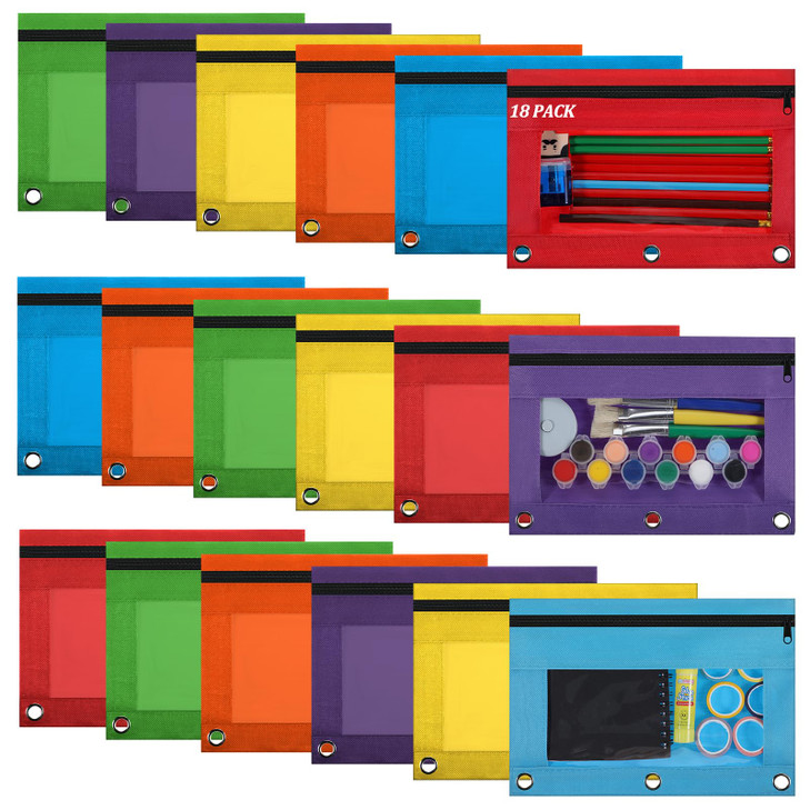 18 Pack Pencil Pouch for 3 Ring Binder, Rings Pencil Pouch with Zipper and Clear Window, Binder Organizing Storage Bags for Office Supplies (6 Colors