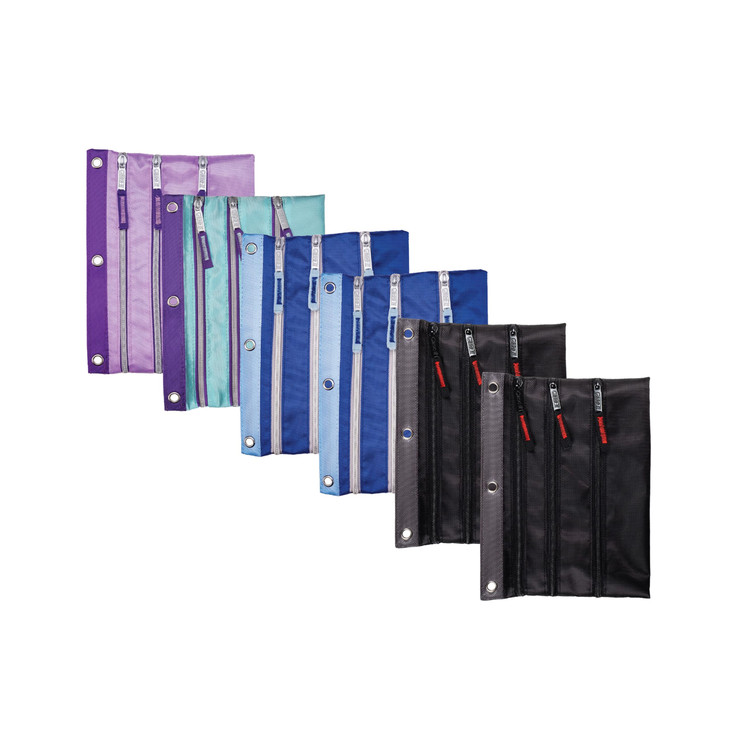 Case-It 6 Pack Tri-Zip, Zipper Pencil Pouches Bulk, Durable in binder Pencil Bags, Pencil Case for Office Supplies Travel Cosmetics Accessories in 5