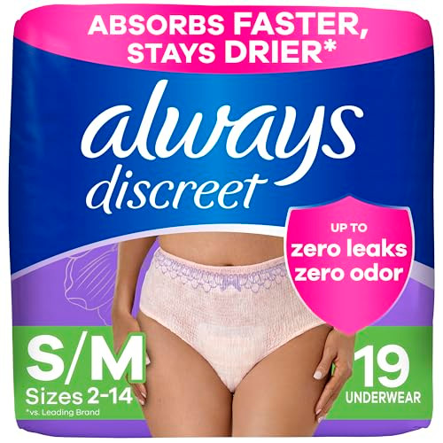 Always Discreet Adult Incontinence Underwear for Women and Postpartum Underwear, Small/Medium, Up to 100% Bladder Leak Protection, 19 Count