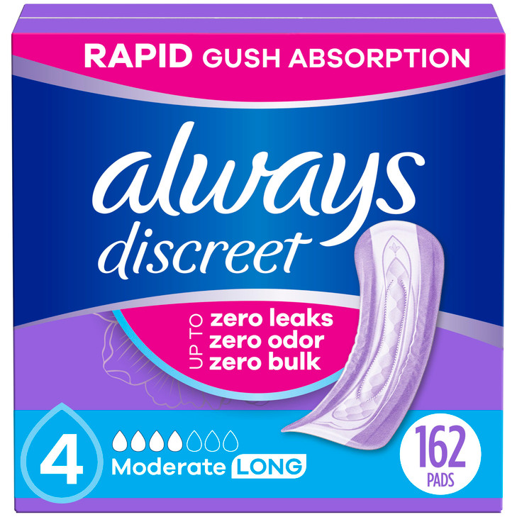 Always Discreet Adult Incontinence Pads for Women, Moderate Absorbency, Long Length, Postpartum Pads, 162 Count (3 Packs of 54)
