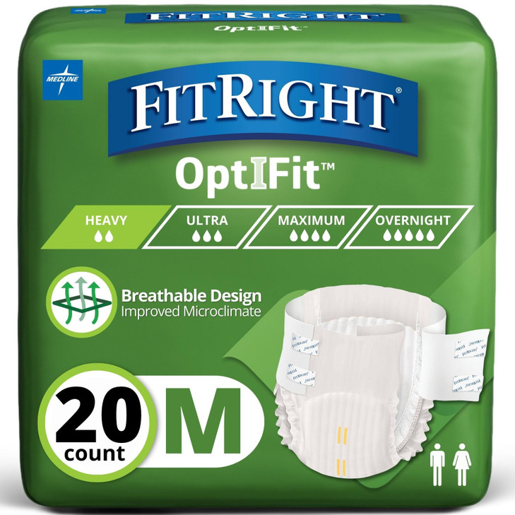 FitRight OptiFit Extra Adult Briefs, Incontinence Diapers with Tabs, Moderate Absorbency, Medium, 32 to 44", 20 Count