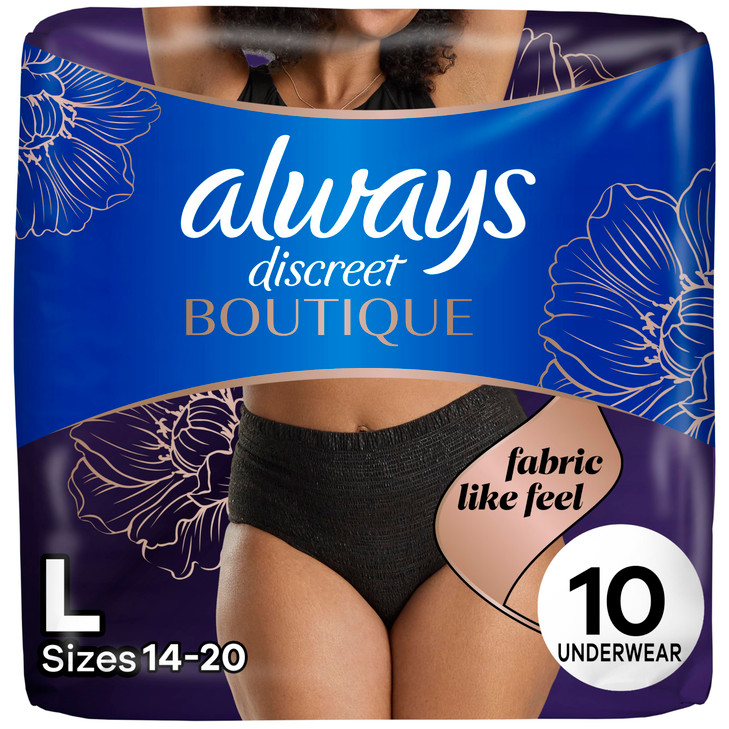 Always Discreet Boutique Incontinence and Postpartum Underwear for Women, Maximum Protection, Large, Black, 10 Count