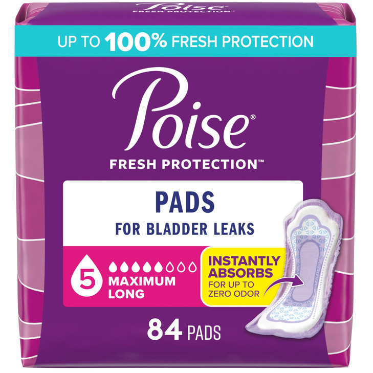 Poise Incontinence & Postpartum Pads for Bladder Leaks, 5 Drop Maximum Absorbency, Long Length, 84 Count, Packaging May Vary