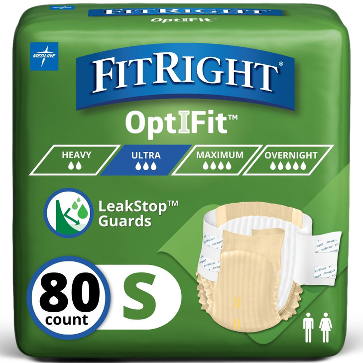 FitRight Adult Diapers, 80 Count, Size Small (Waist Size 20"-32"), Incontinence Briefs for Men and Women, Disposable, Moisture Wicking, Leak Protecti