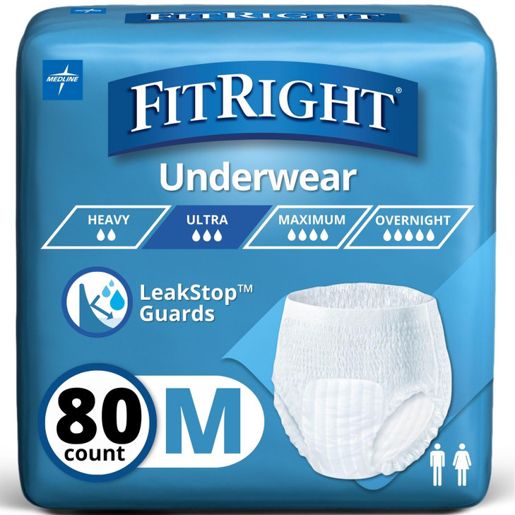 FitRight Ultra Unisex Adult Protective Underwear, Medium Size for Waist 28-40 Inches, Heavy Absorbency, Dependable Incontinence Protection, 80 Count