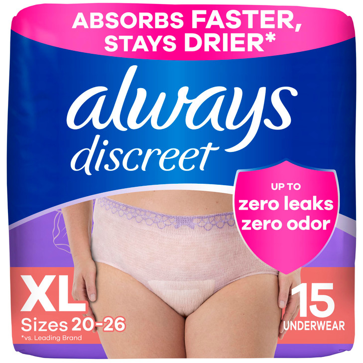 Always Discreet Adult Incontinence Underwear for Women and Postpartum Underwear, Extra Large, Up to 100% Bladder Leak Protection, 15 Count