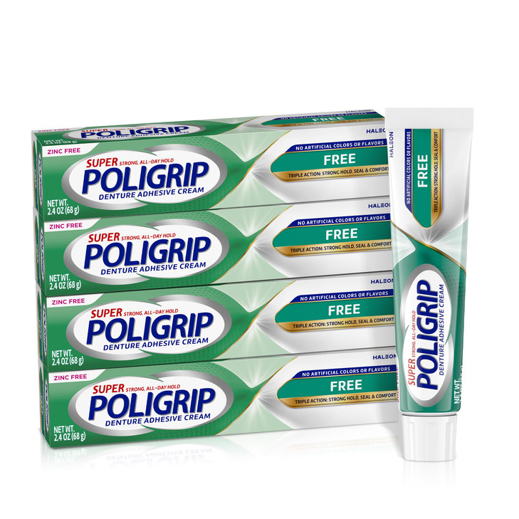 Super Poligrip Zinc Free Denture and Partials Adhesive Cream, 2.4 ounce (Pack of 4)