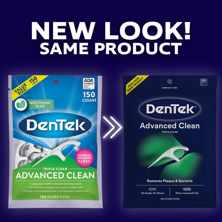 DenTek Advanced Clean Floss Picks with No Break & No Shred Dental Floss, Plaque Remover, 150 Count, Pack of 3