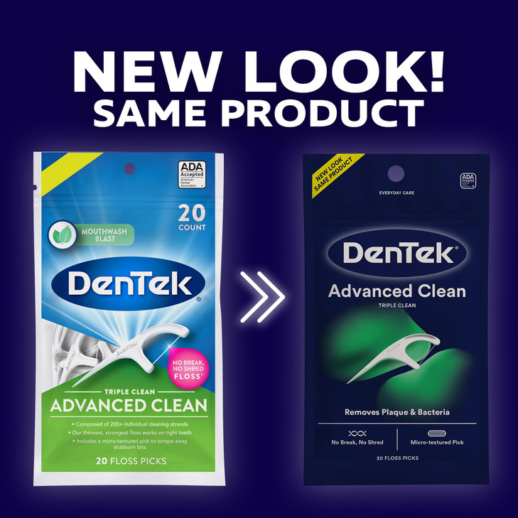DenTek Advanced Clean Floss Picks with No Break & No Shred Dental Floss, Plaque Remover, 20 Count, Pack of 6