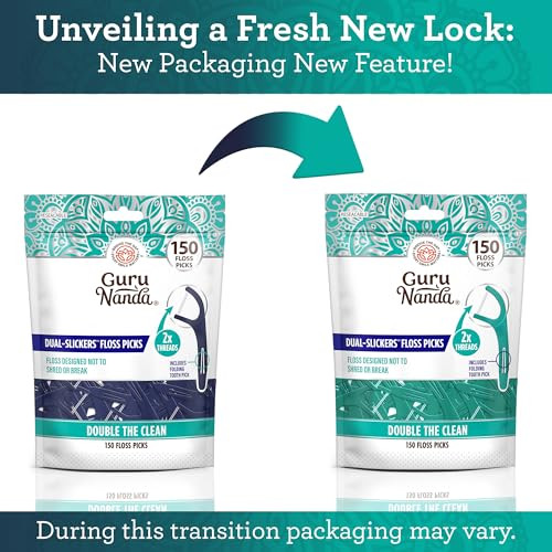 GuruNanda Dual Slickers Floss Picks - Double Threaded Dyneema Dental Floss with Foldable Toothpick for Effective Plaque Removal - Unflavored- 150 Ct