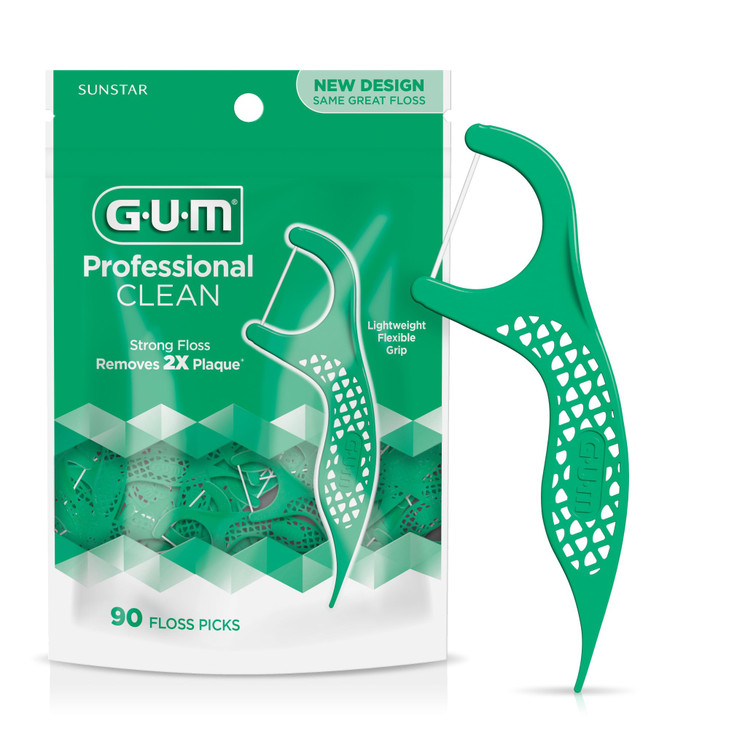 GUM Professional Clean Floss Picks - Extra Strong Shred-Resistant Floss, Easy Grip Handle - Dental Flossers for Adults - Fresh Mint Flavor, 90 Count