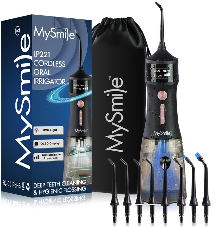MySmile LP221 Cordless Water Flossers for Teeth with UVC Light Sanitizer and OLED Display, 335ML 4 Modes Water Teeth Cleaner Picks for Teeth Cleaning