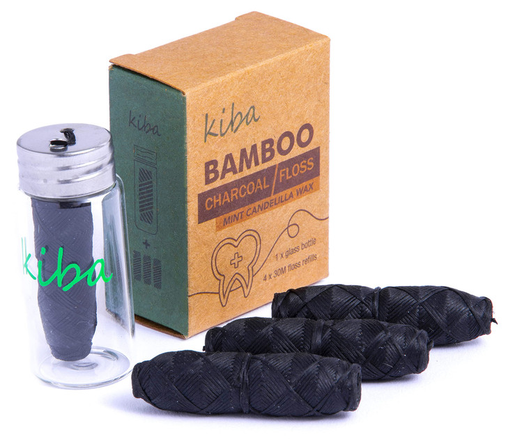 Kiba Bamboo Charcoal Floss w/Reusable Floss Container 5 pc Kit (1 Glass Floss Container + 4x30m Dental Floss Refills) - Eco Friendly Floss w/Candelil