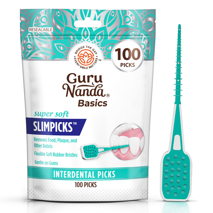GuruNanda Interdental Picks (Pack of 100), Super Soft & Flexible Rubber Bristles, Dental Floss Picks to Remove Food Debris, Plaque & Go Gentle on Gum