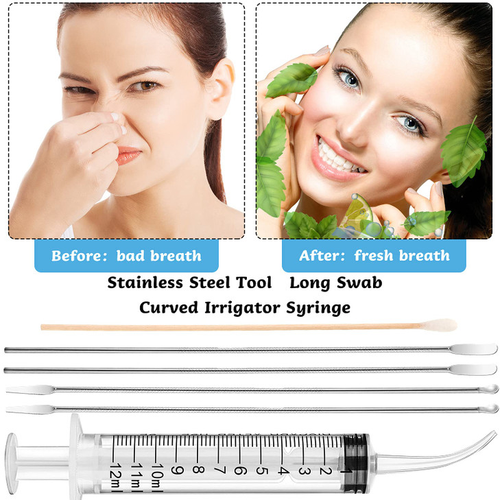 Tonsil Stone Removal Set Includes 4 Stainless Steel Tonsil Stone Removal Tools and 100 Long Swabs with 1 Curved Irrigator Syringe to Get Rid of Bad B