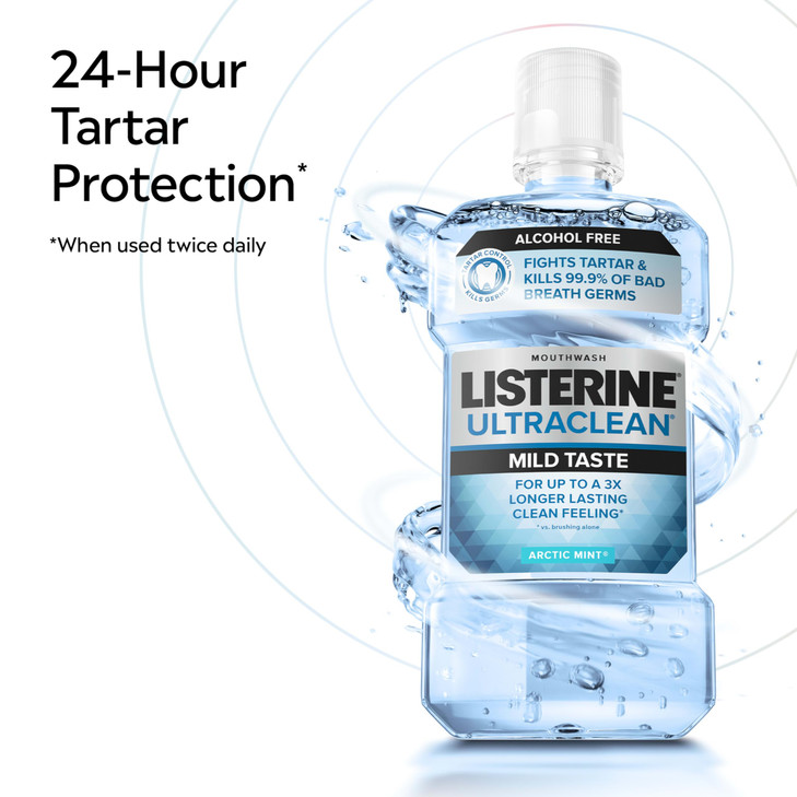 Listerine Ultraclean Alcohol-Free Tartar Control Mouthwash, Oral Rinse Fights Stain Build Up to Help Keep Naturally White Teeth, Less Intense Arctic