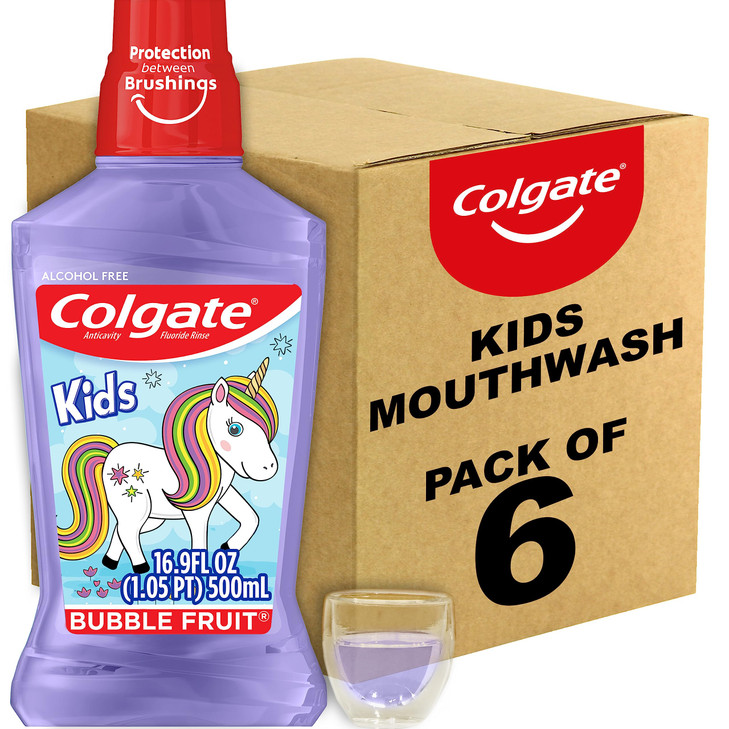 Colgate Unicorn Kids Fluoride Anticavity Mouthwash, Alcohol Free, Bubble Fruit, 16.9 Fluid Ounces (6 Pack)