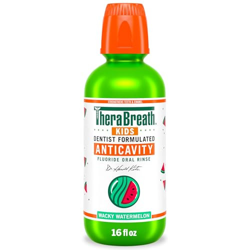 TheraBreath Kids Organic Wacky Watermelon Mouthwash with Fluoride, Anticavity, Dentist Formulated, 16 Fl Oz