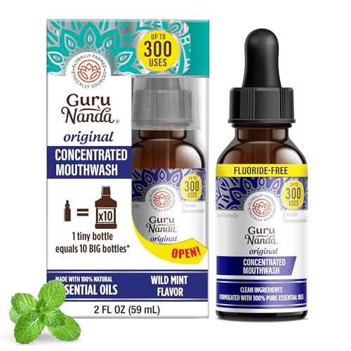 GuruNanda Concentrated Mouthwash (2 fl oz), Fluoride-Free, Mint Mouthwash with Natural Essential Oils, Supports 300 Rinses, Aids in Fresh Breath