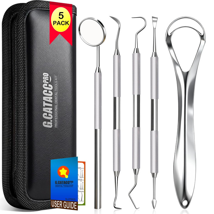 G.CATACC Dental Tools, Teeth Cleaning Tools Oral Care Hygiene Kit with Tongue Cleaner, Stainless Steel Dental Pick Tooth Scraper Plaque Tartar Remove