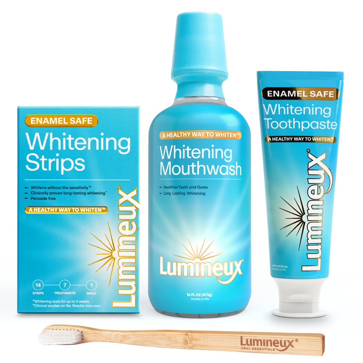 Lumineux Teeth Whitening Kit Peroxide Free for Whiter Teeth Includes 7 Whitening Treatments, 1 Mouthwash, 1 Toothpaste & 1 Bamboo Toothbrush, Dentist