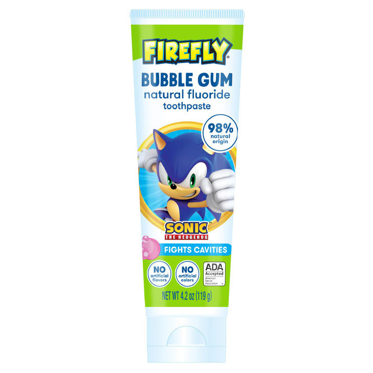 Firefly Kids Anti-Cavity Natural Fluoride Toothpaste, Sonic The Hedgehog, Bubble Gum Flavor, ADA Accepted, 4.2 OZ